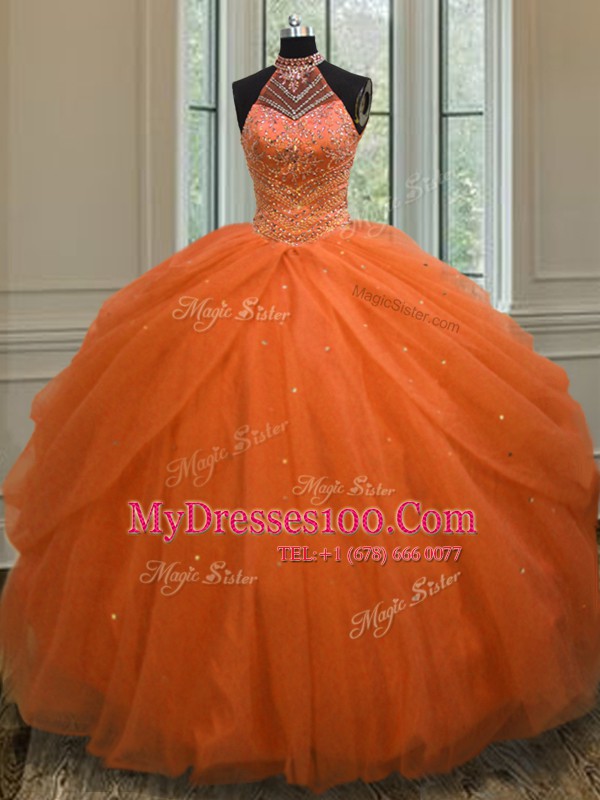 Halter Top Orange Red Ball Gowns Beading Sweet 16 Dress Lace Up Tulle Sleeveless Floor Length