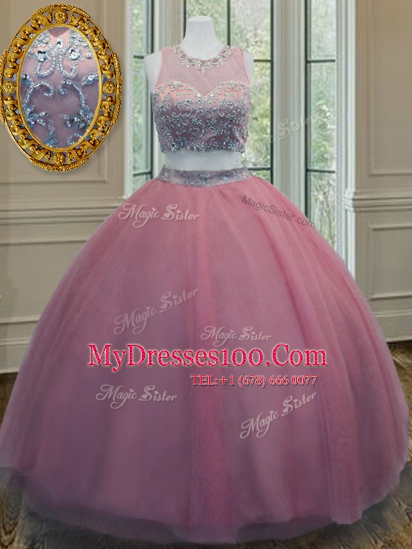 Ruffled Floor Length Pink Vestidos de Quinceanera Scoop Sleeveless Zipper