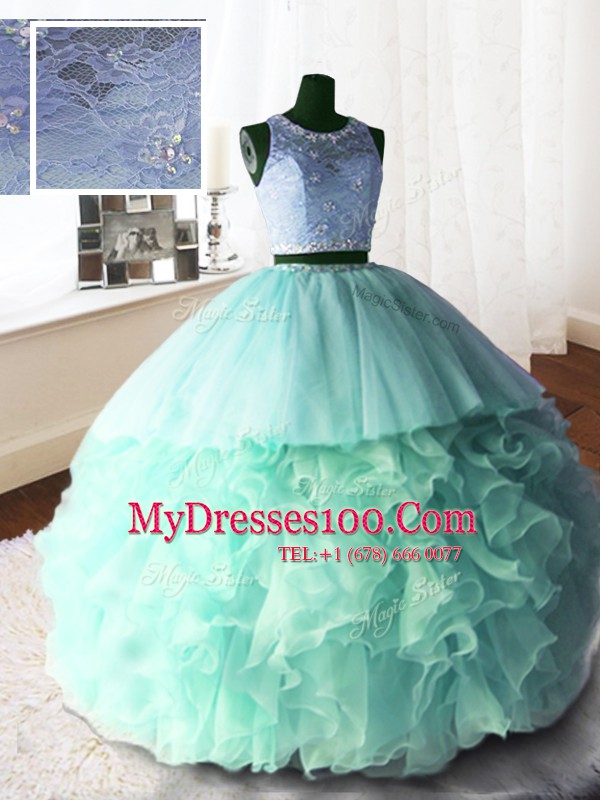 Dramatic Scoop Apple Green Ball Gowns Beading and Lace and Ruffles Sweet 16 Dress Zipper Organza and Tulle and Lace Sleeveless With Train