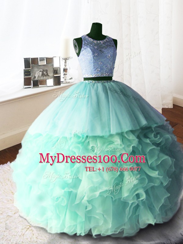 Dramatic Scoop Apple Green Ball Gowns Beading and Lace and Ruffles Sweet 16 Dress Zipper Organza and Tulle and Lace Sleeveless With Train