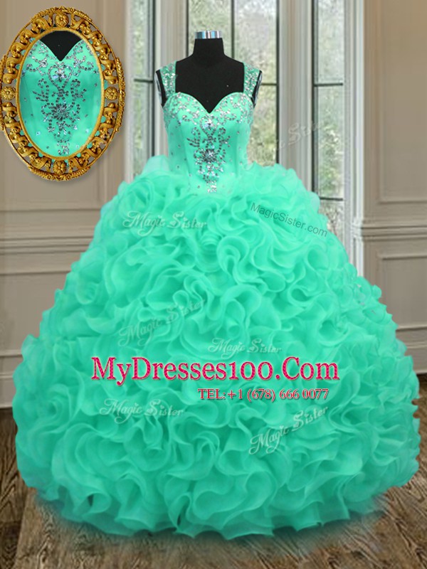High Class Organza Straps Sleeveless Zipper Beading and Ruffles Vestidos de Quinceanera in Apple Green