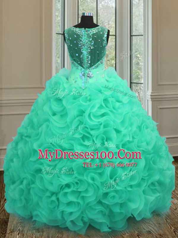 High Class Organza Straps Sleeveless Zipper Beading and Ruffles Vestidos de Quinceanera in Apple Green