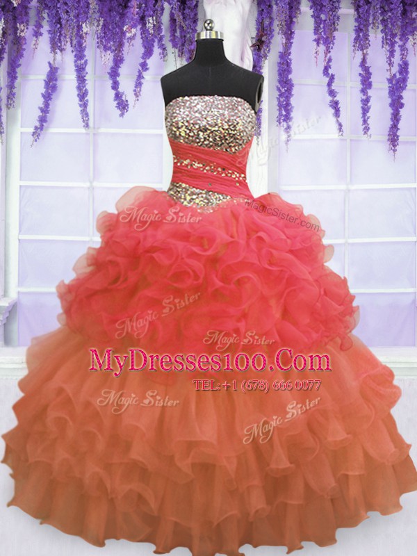 Graceful Multi-color Ball Gowns Strapless Sleeveless Organza Floor Length Lace Up Beading and Ruffled Layers and Pick Ups 15th Birthday Dress
