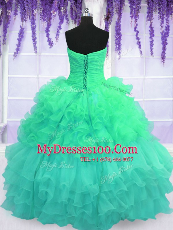 Graceful Multi-color Ball Gowns Strapless Sleeveless Organza Floor Length Lace Up Beading and Ruffled Layers and Pick Ups 15th Birthday Dress
