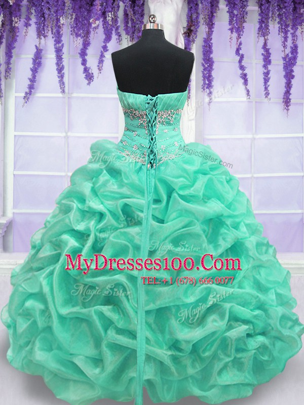 Hot Selling Turquoise Organza Lace Up Strapless Sleeveless Floor Length Quinceanera Dresses Beading