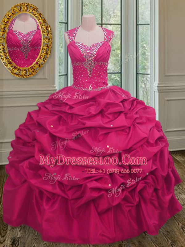 Hot Pink 15 Quinceanera Dress Military Ball and Sweet 16 and Quinceanera and For with Beading and Pick Ups Straps Sleeveless Lace Up