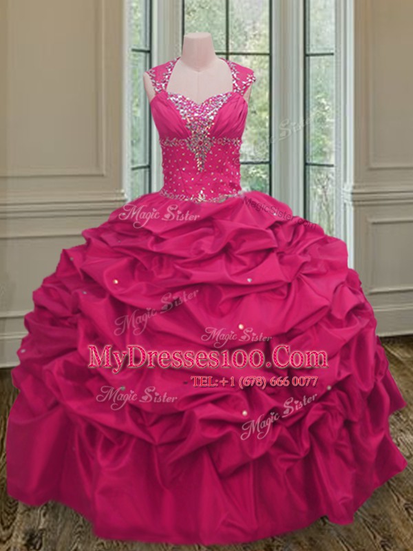 Hot Pink 15 Quinceanera Dress Military Ball and Sweet 16 and Quinceanera and For with Beading and Pick Ups Straps Sleeveless Lace Up