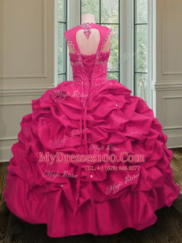 Hot Pink 15 Quinceanera Dress Military Ball and Sweet 16 and Quinceanera and For with Beading and Pick Ups Straps Sleeveless Lace Up