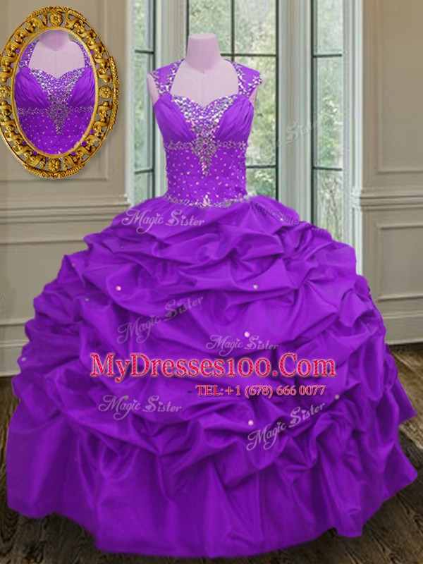 Straps Sleeveless Floor Length Beading and Pick Ups Lace Up Sweet 16 Dresses with Purple