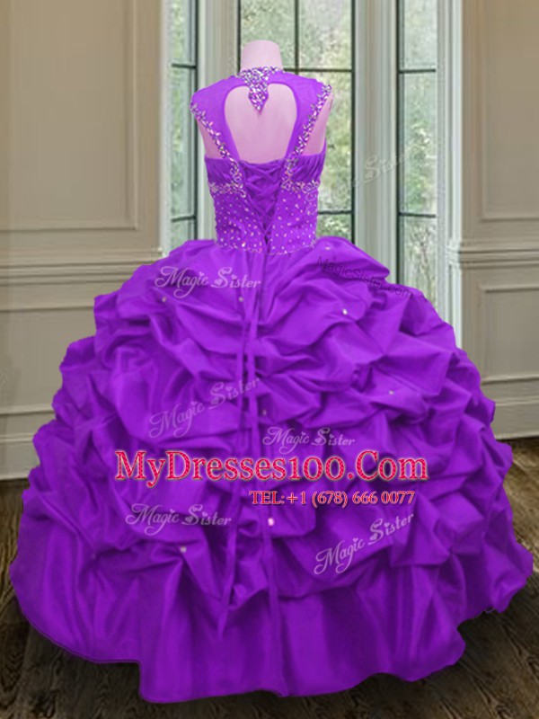 Straps Sleeveless Floor Length Beading and Pick Ups Lace Up Sweet 16 Dresses with Purple