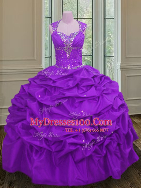 Straps Sleeveless Floor Length Beading and Pick Ups Lace Up Sweet 16 Dresses with Purple