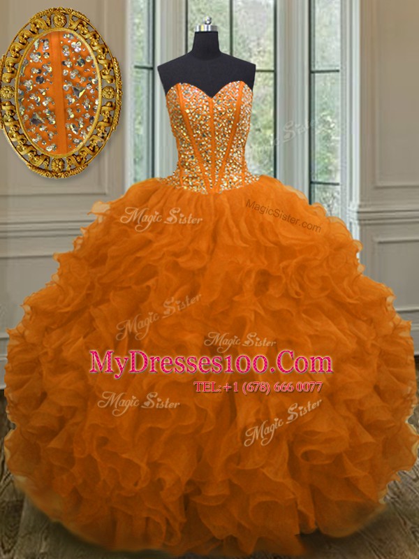 Glittering Floor Length Orange Red Quinceanera Dress Sweetheart Sleeveless Lace Up