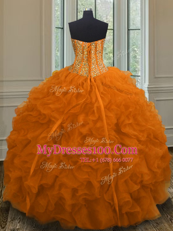 Glittering Floor Length Orange Red Quinceanera Dress Sweetheart Sleeveless Lace Up