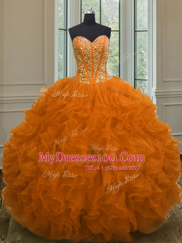 Glittering Floor Length Orange Red Quinceanera Dress Sweetheart Sleeveless Lace Up
