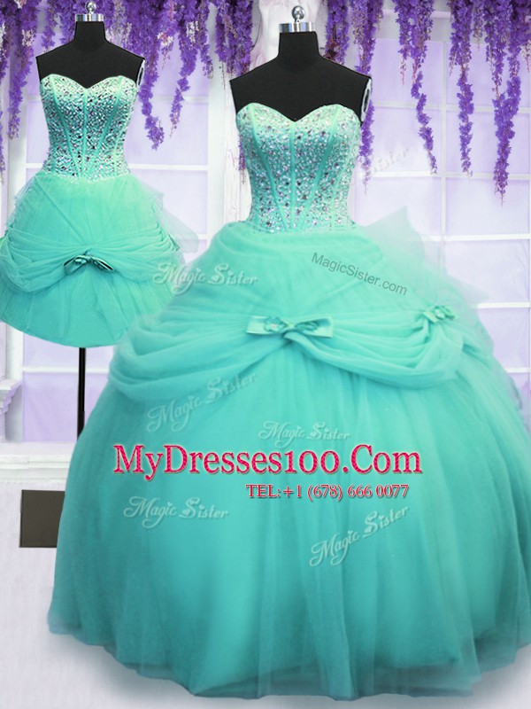 Modest Three Piece Ball Gowns Quinceanera Dresses Aqua Blue Sweetheart Tulle Sleeveless Floor Length Lace Up