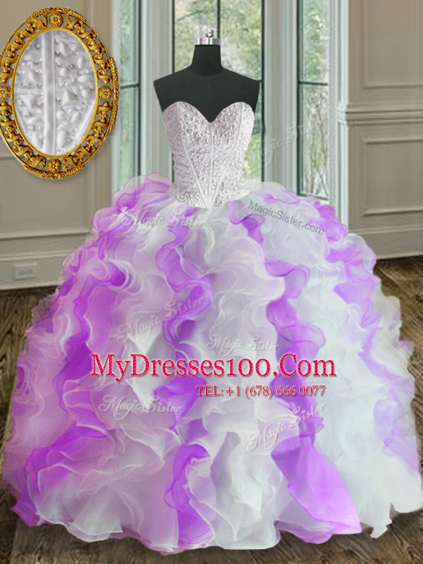 Ball Gowns Sweet 16 Dress White And Purple Sweetheart Organza Sleeveless Floor Length Lace Up