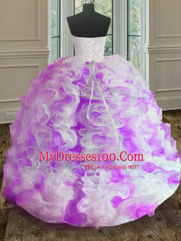 Ball Gowns Sweet 16 Dress White And Purple Sweetheart Organza Sleeveless Floor Length Lace Up