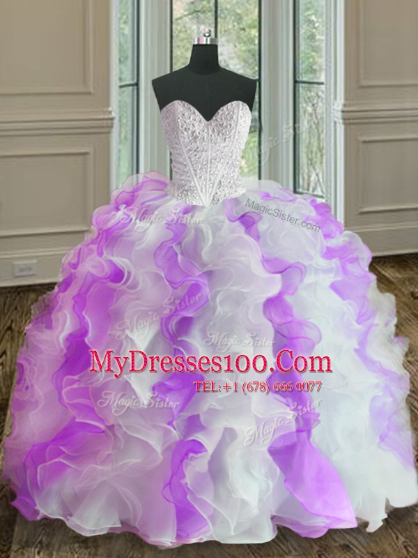 Ball Gowns Sweet 16 Dress White And Purple Sweetheart Organza Sleeveless Floor Length Lace Up