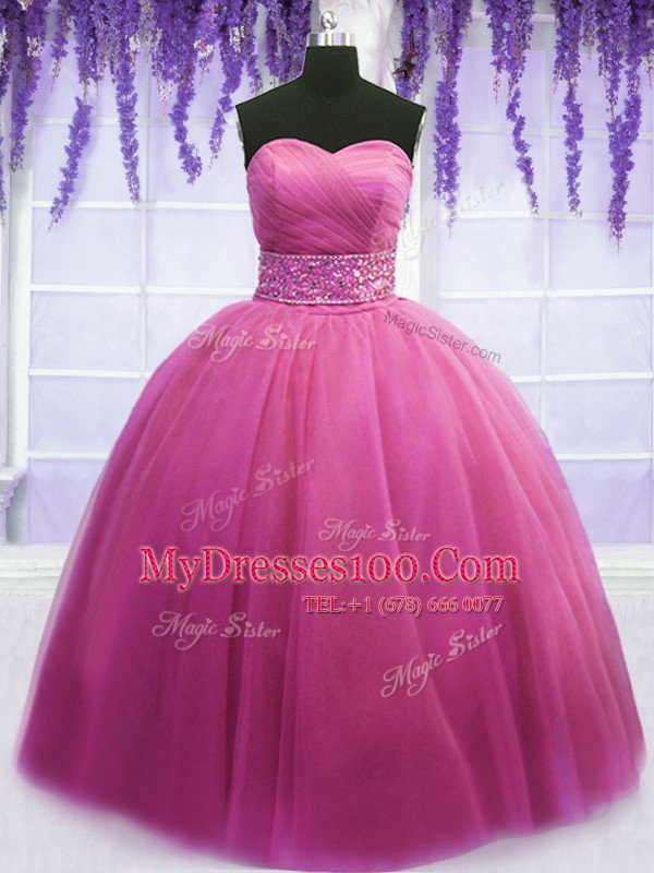 Superior Floor Length Rose Pink Vestidos de Quinceanera Tulle Sleeveless Beading and Belt