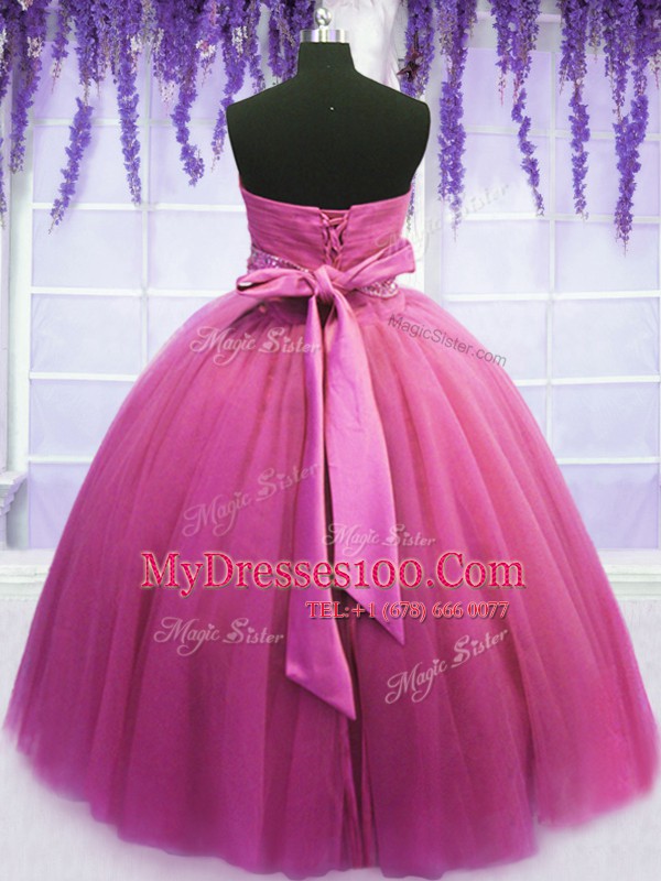 Superior Floor Length Rose Pink Vestidos de Quinceanera Tulle Sleeveless Beading and Belt