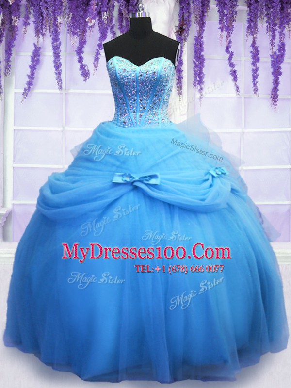 Sweetheart Sleeveless Vestidos de Quinceanera Floor Length Beading and Bowknot Blue Tulle