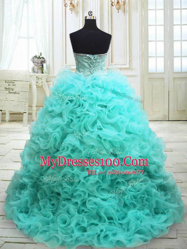 Sleeveless Sweep Train Beading and Ruffles Lace Up Quince Ball Gowns