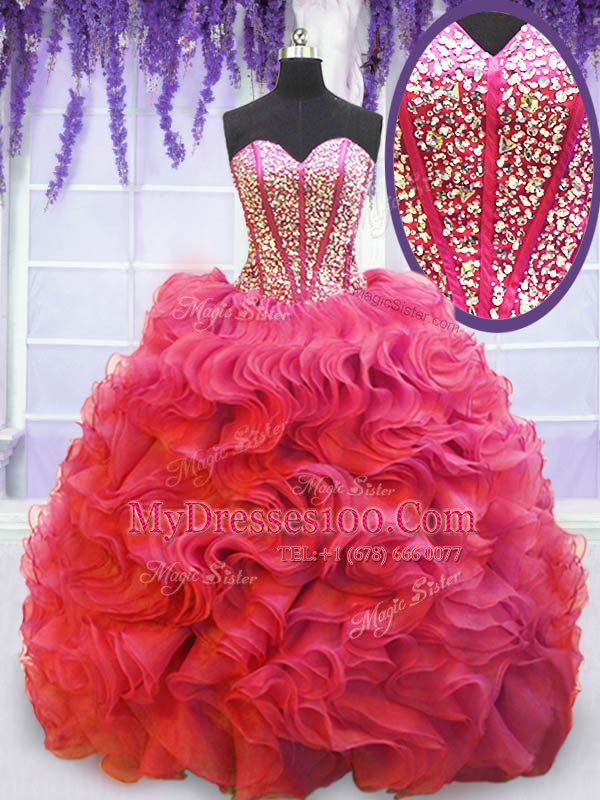 Free and Easy Coral Red Ball Gowns Sweetheart Sleeveless Organza Lace Up Beading and Ruffles Quinceanera Gown