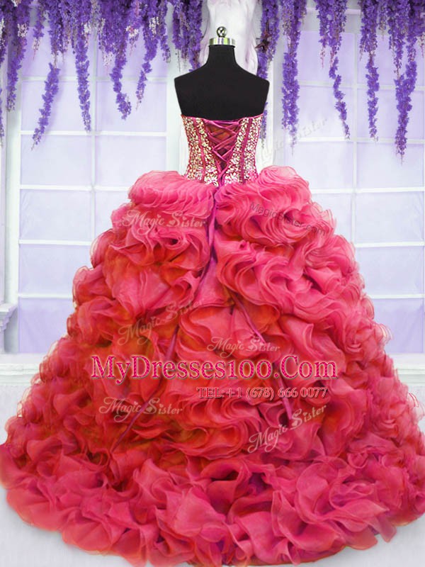 Free and Easy Coral Red Ball Gowns Sweetheart Sleeveless Organza Lace Up Beading and Ruffles Quinceanera Gown