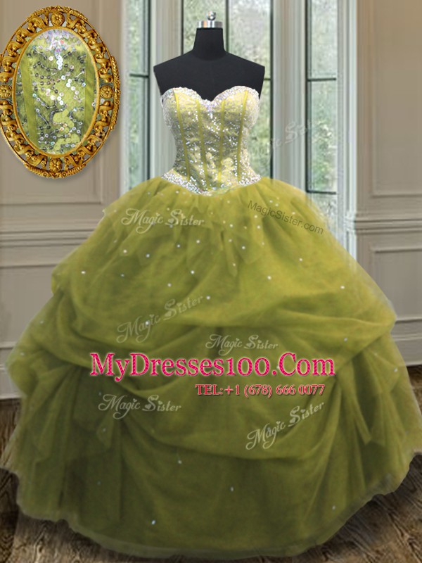 Excellent Sequins Pick Ups Floor Length Ball Gowns Sleeveless Olive Green Ball Gown Prom Dress Lace Up