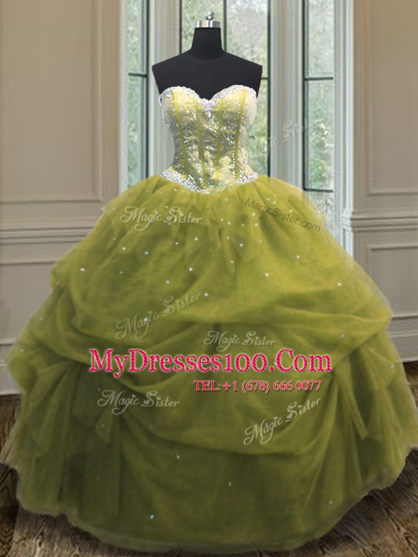 Excellent Sequins Pick Ups Floor Length Ball Gowns Sleeveless Olive Green Ball Gown Prom Dress Lace Up
