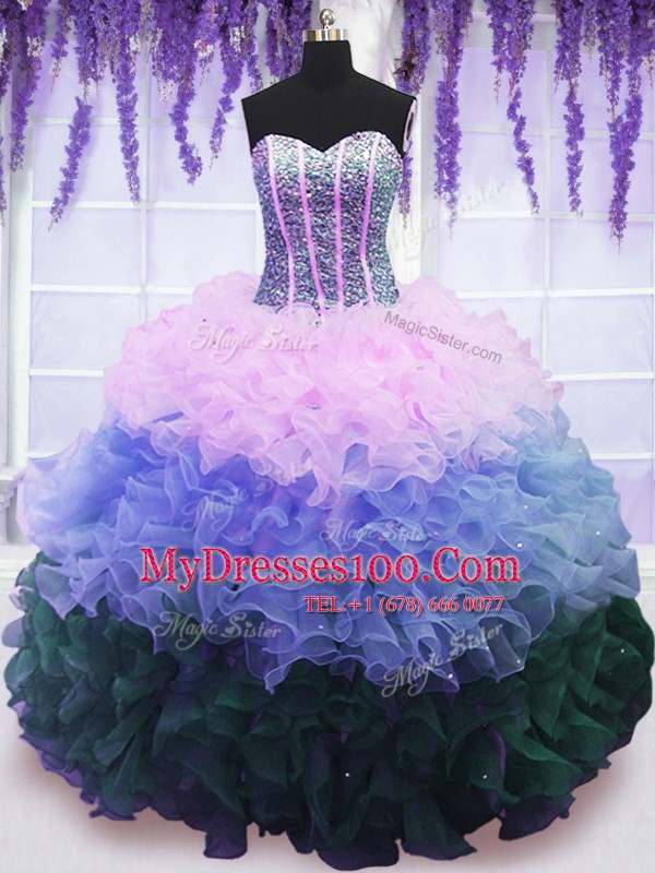 Top Selling Multi-color Sweetheart Neckline Beading and Ruffles and Ruffled Layers 15 Quinceanera Dress Sleeveless Lace Up