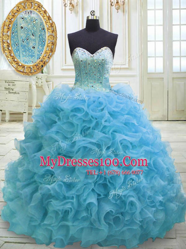 Most Popular Baby Blue Ball Gowns Beading and Sequins Sweet 16 Dress Lace Up Organza Sleeveless