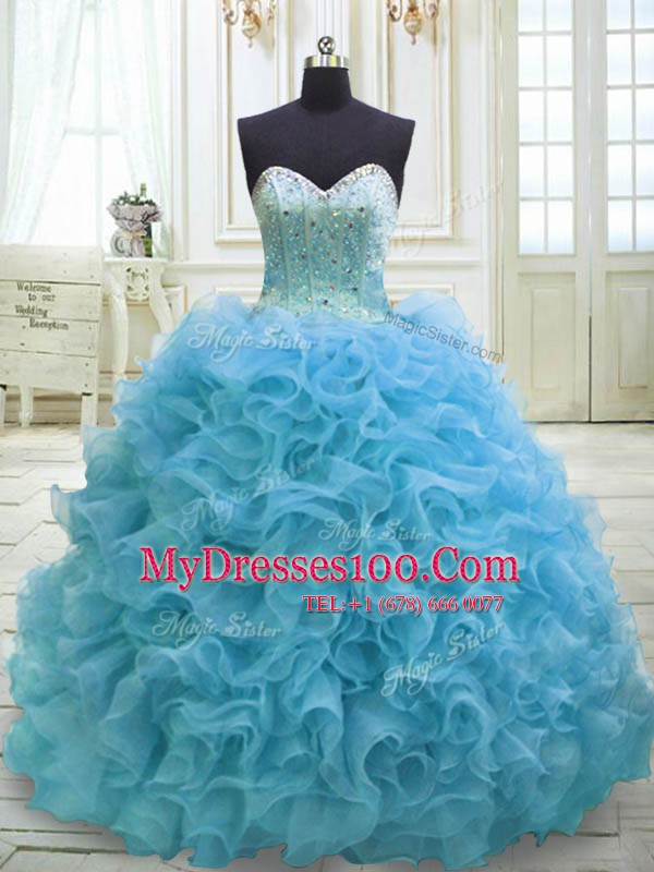 Most Popular Baby Blue Ball Gowns Beading and Sequins Sweet 16 Dress Lace Up Organza Sleeveless
