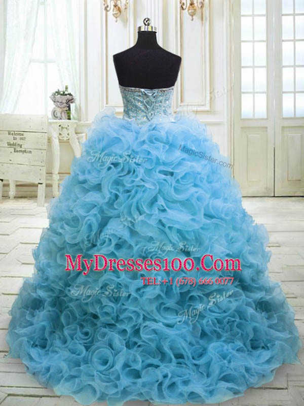Most Popular Baby Blue Ball Gowns Beading and Sequins Sweet 16 Dress Lace Up Organza Sleeveless