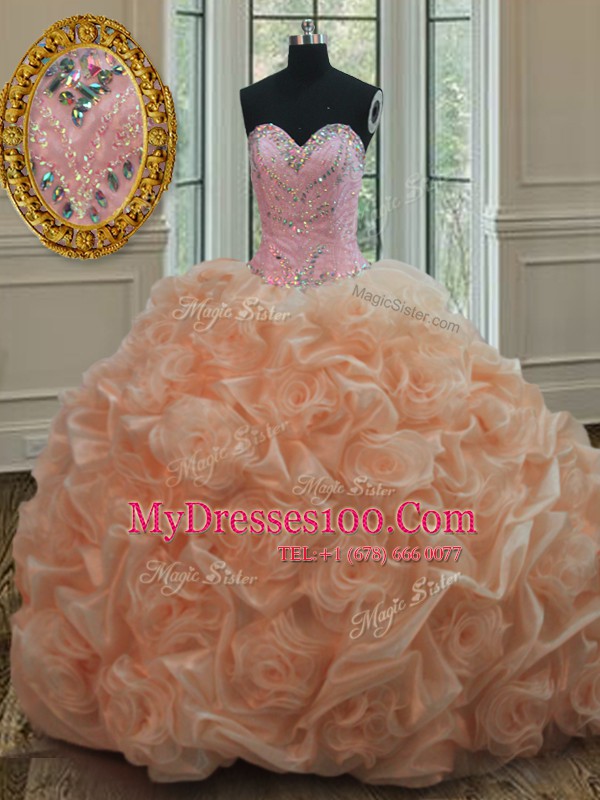 Graceful Peach Organza Lace Up Sweetheart Sleeveless Sweet 16 Quinceanera Dress Sweep Train Beading and Pick Ups