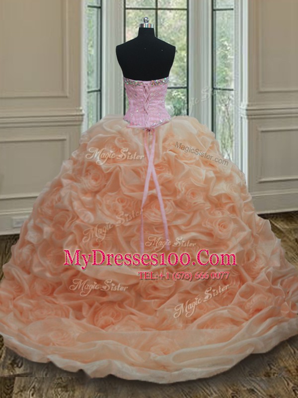 Graceful Peach Organza Lace Up Sweetheart Sleeveless Sweet 16 Quinceanera Dress Sweep Train Beading and Pick Ups