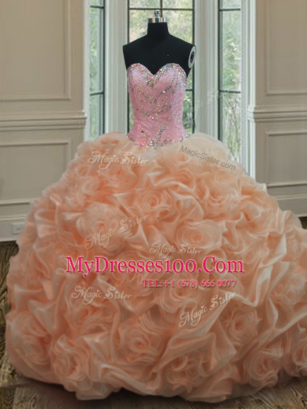 Graceful Peach Organza Lace Up Sweetheart Sleeveless Sweet 16 Quinceanera Dress Sweep Train Beading and Pick Ups