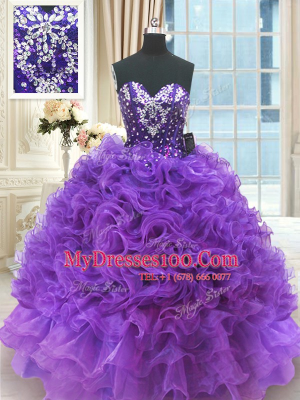 Free and Easy Sweetheart Sleeveless Lace Up 15th Birthday Dress Purple Organza