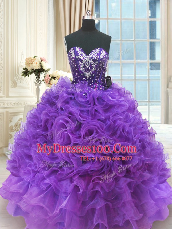 Free and Easy Sweetheart Sleeveless Lace Up 15th Birthday Dress Purple Organza