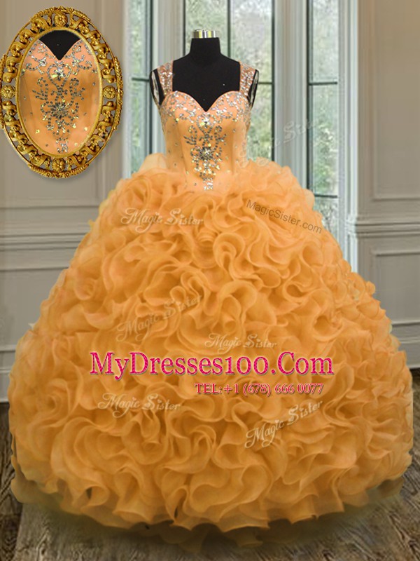 Sweetheart Sleeveless Sweet 16 Dresses Floor Length Beading and Ruffles Orange Organza