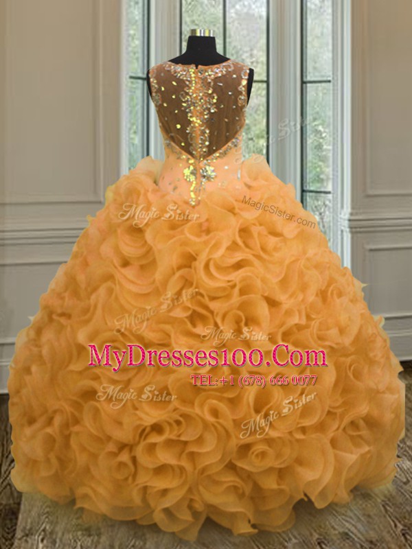 Sweetheart Sleeveless Sweet 16 Dresses Floor Length Beading and Ruffles Orange Organza