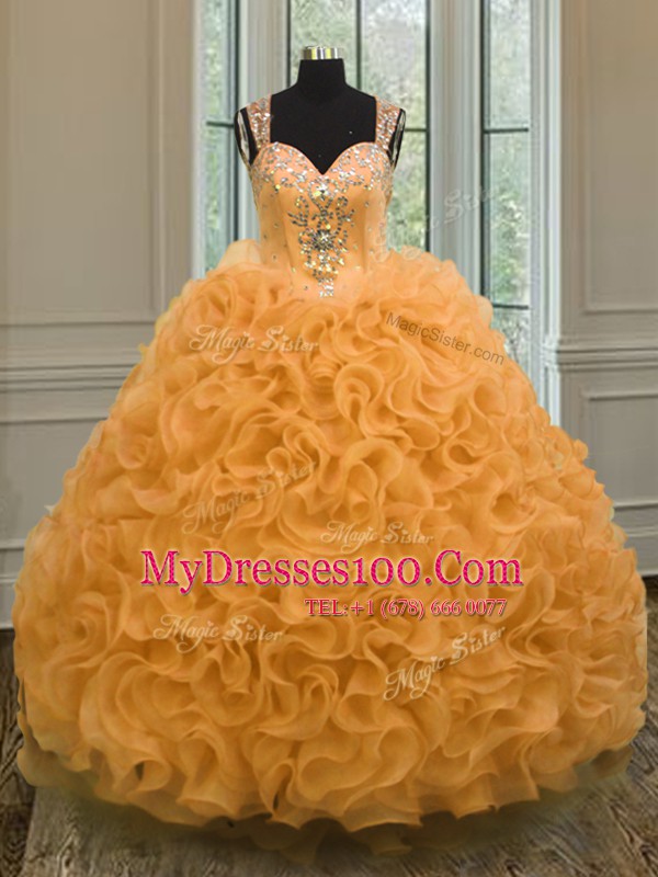 Sweetheart Sleeveless Sweet 16 Dresses Floor Length Beading and Ruffles Orange Organza