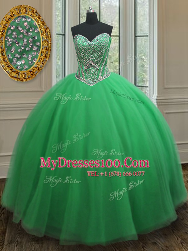 New Arrival Sleeveless Floor Length Beading Lace Up Quince Ball Gowns with Green