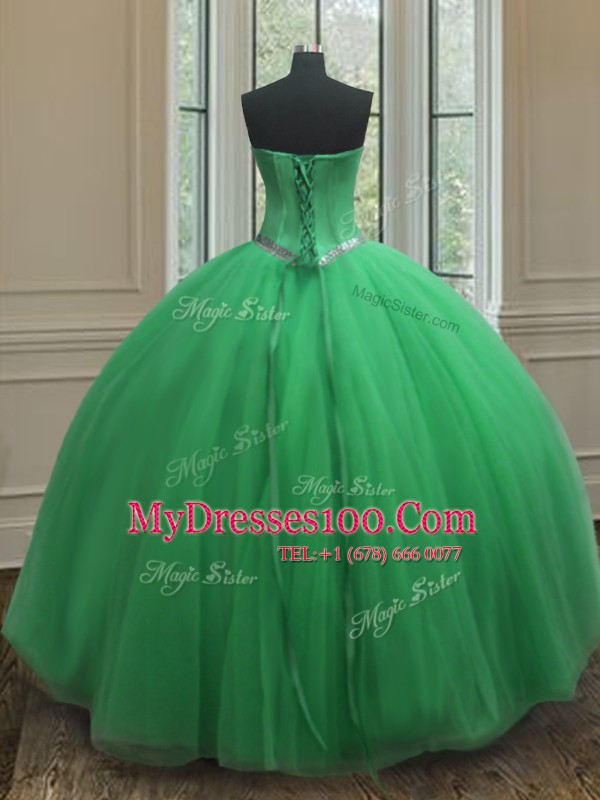 New Arrival Sleeveless Floor Length Beading Lace Up Quince Ball Gowns with Green