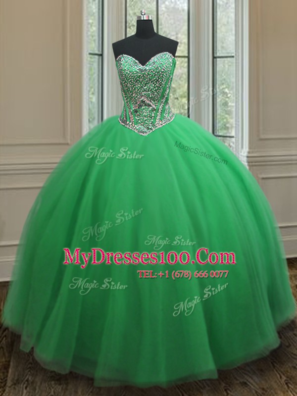 New Arrival Sleeveless Floor Length Beading Lace Up Quince Ball Gowns with Green