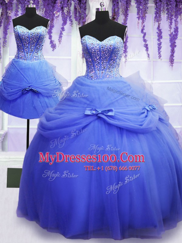 Eye-catching Three Piece Floor Length Ball Gowns Sleeveless Blue Quinceanera Dress Lace Up