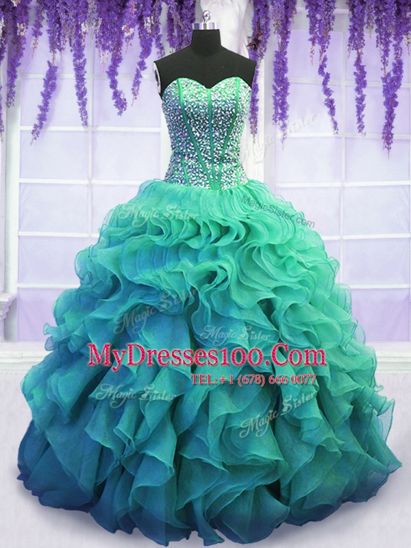 Elegant Sweetheart Sleeveless Lace Up Vestidos de Quinceanera Turquoise Organza
