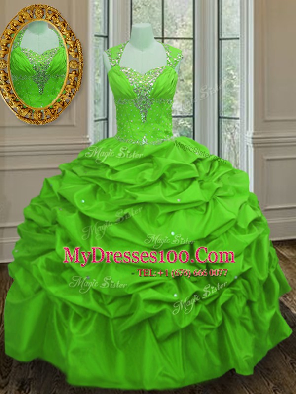 Glittering Straps Cap Sleeves Taffeta Floor Length Lace Up Quinceanera Gowns in with Beading and Pick Ups