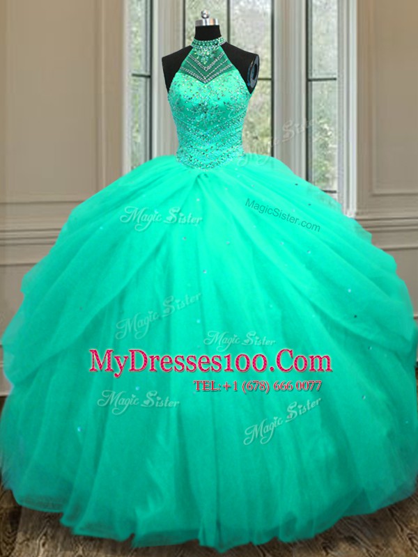 Fashionable Turquoise Ball Gowns Tulle Halter Top Sleeveless Beading and Sequins Floor Length Lace Up Vestidos de Quinceanera