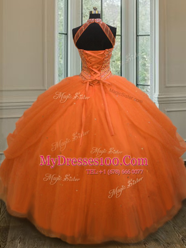 Fashionable Turquoise Ball Gowns Tulle Halter Top Sleeveless Beading and Sequins Floor Length Lace Up Vestidos de Quinceanera